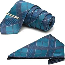 louis stitch Mens Blue Checkered Italian Silk Necktie Set Incl Pocket Square Golden Tiepin American Style Formal Tie Gift Set for Men (TEGP-BU038)-picture-22