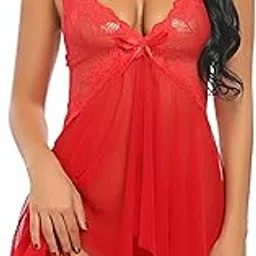 hilorill Women's Honeymoon Dress Lace Lingerie Set V Neck Sheer Asymmetrical Babydoll with G-String Night Suit (Black)-picture-13