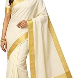 Women's Kerala Kasavu Chanderi Plain Cotton Saree, White-picture-56