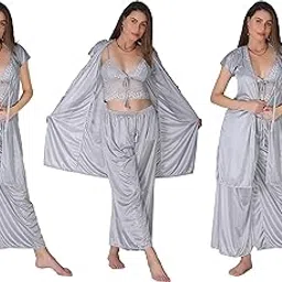SSoShHub Women's Satin Kimono Robes Bridesmaid Wedding Robes Silky Bathrobes Summer Loungewear Nightsuit Nighty Honeymoon Special 3 Piece Set-picture-37