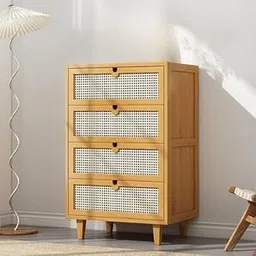 TGF Furniture Store Modern 4-Drawer Wooden Chest with Rattan Mesh Front – Natural Oak Finish Storage Cabinet with Legs – Solid Wood Dresser for Bedroom, Living Room or Entryway-image-33