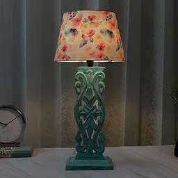 tu casa Mangowood Rustic Aqua French Table Lamp for Home Decoration, Bedroom, Living Room, Lounge, Office, Festival Gifting, Study Table (Flower Print with Satin Shade) H - 21" / No Blub-image-13