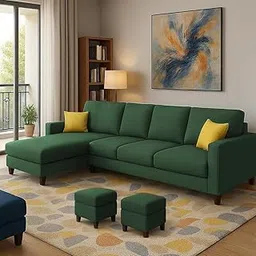 Casaliving Rolando 6 Seater L Shape Sofa Set with 2 Puffy for Living Room (Green) Left Side Sofa Set for Living Room | Hall| Office Room-picture-16