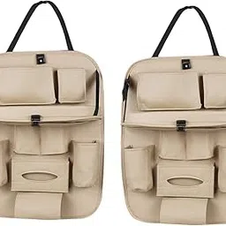 Pu Leather Auto Car Back Seat Organizer With Foldable Dining Table Tray, Multipocket Storage Tablet, Bottle And Tissue Paper Holder (With Tray) - Automobiles (why one get one) (Beige and Beige)-picture-22