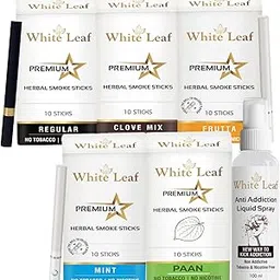 White Leaf Natural Herbal CigarettesRegular, Clove, Frutta, Mint, PAAN Flavour (50 Sticks) 100% Tobacco-Free and Nicotine-Free With Anti Addiction Shot Spray 100 ml Made From Ayurvedic Herbs-picture-19