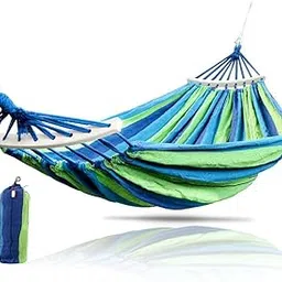 AMULAKH Double 2 Person Cotton Fabric Canvas Travel Hammocks 450 Lbs Ultralight Camping Hammock Portable Beach Swing Bed with Hardwood Spreader Bar Tree Hanging(200X150 cm) (Blue) image 1