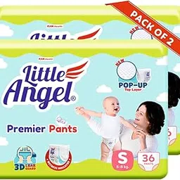 Little Angel Premier Pants Baby Diapers, Small (S) Size, 72 Count, Combo Pack of 2, 36 Count/pack with Wetness Indicator, 5-8 Kg-picture-21