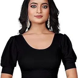 poojaran saree Round Neck Dobby Cotton Blend Stretchable Stylish Puff Sleeve Readymade Blouse for Women-picture-34