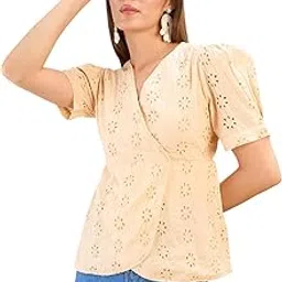 sassafras Beige Schiffli Wrap Peplum Top-picture-48
