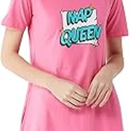 Women's Pink Knee Length Short Sleeves V-Neck Printed Night Dress-image-53