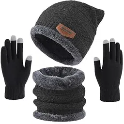 uniq world wide Winter Warm Woolen Cap, Neck Warmer Scarf with Leather Gloves Set| Beanie Style Warm Winter Neck Scarf, Gloves and caps Combo of Hand Gloves (Black)-picture-23