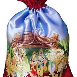 Kavyatva Digital Print Potli Bag, Traditional Temple Scene Design, Raw Silk Gift Pouch for Weddings and Festivals, Red and Blue-picture-19