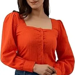Women's Square Neck Ribbed Crop Top with Puff Sleeves, Orange, Button Front image 1