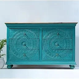 Nazar Art & Craft Solid Wooden Hand Carved Chest of Drawers | Storage cabinets for Kitchen | Chest of Drawers for multipurpose Storage | Sideboard Cabinet | Light Blue | W54*L18*H32 inches-image-3