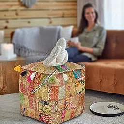 Handicraft Bazarr Ottoman Pouffes for Sitting Cotton Bean Bag Cover Square Footstool Pouffe Patchwork Khambadiya Ottoman Stool Pouf Cover-image-75