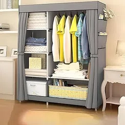 Kuber Industries Foldable Wardrobe for Clothes|Non Woven 2 Door Portable Clothes Rack|4 Shelves Almirah for Clothes (Grey)-image-26