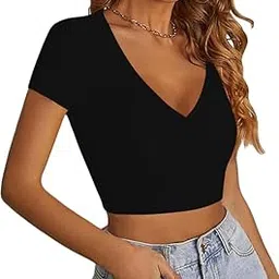 xolani Women's V Neck Short Sleeve Crop Tops Double Lined Slim Fitted Basic Tee Going Out Cute Summer T Shirt Trendy X L2686 VK-picture-51