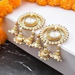 Sanvatsar Decorative Pearl and Gold Tealight Candle Holders with Traditional Design, Set of 2, Handcrafted Metal Diya Stand for Diwali, Festival, Wedding Decor-image-2