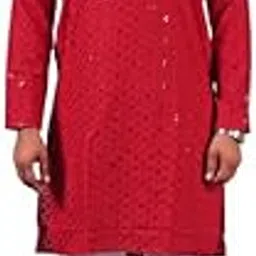 Men's Rayon Embroidered Straight Fit Long Kurta | Traditional Indian Kurta for Festive Wedding & Casual Wear | Red | Size XL-image-6