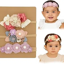 SYGA 3 Pcs Baby Headband, Flower Stretchable, Nylon HairBand for Newborn Infant Toddlers Kids 0-3 Year-Design-1-image-32