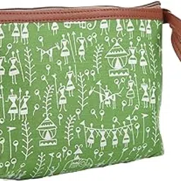 Kuber Industries Toiletry Pouch|Warli Print Travel Cosmetic Pouch|Canvas Waterproof Makeup Pouch with Handle (Green)-picture-22