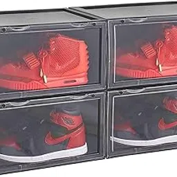 Foscadit Storage Shoes Box Stackable Clear Plastic Organizer for Sneakers Plastic Shoe Rack, Side Drop Front Display Foldable Shoes Containers, Black (Pack Of 2)-picture-18