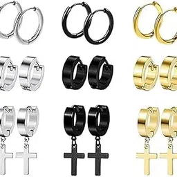 Valentine Jewellery Stainless Steel Mens Earrings Combo Black Gold Silver Piercing Screw Bali Stud Hoops Earing Multicolor Earrings Combo For Men Boys Unisex-image-20