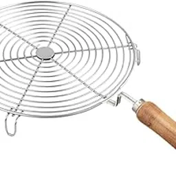 Cloudzy Roaster Barbecue Net Grill Steel Wire Roasting Net Charcoal Hand Warmer Rack BBQ Accessories Fish Burner Papad Jali Paneer Tandoor Net with Wooden Handle (Jalebi)-picture-22
