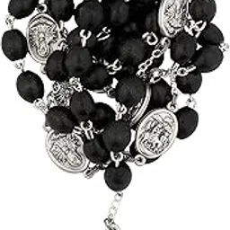 venerare Seven Sorrows of Mary | Black Wooden Beads with Silver-Tone Medals Depicting the Seven Dolors of Mary | Great Catholic Gift for First Holy Communion and Confirmation, Wood, No Gemstone image 1