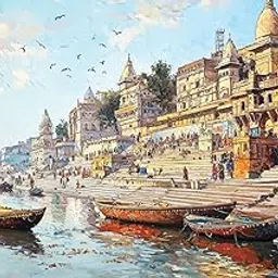 Viventiq Varanasi Ghat Painting for Wall Decoration (Without Frame) | Banaras Ghat Painting for Living Room | Ganga Ghat Painting for Living Room |Rolled Canvas Painting 36 inch L by 24 inch H-picture-36