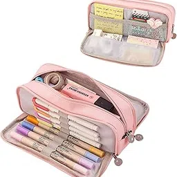 Coolzon Nylon Large Pencil Case For Girls Boys,Big Capacity Pencil Cases With 3 Compartments Pen Bag Pouch Holder School Stationery Organizer Makeup Cosmetic Bag, Pink,-picture-10