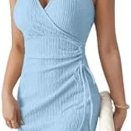 Women Solid Slim Fit Sleeveless v Neck A-line Mini Short Dress-image-1