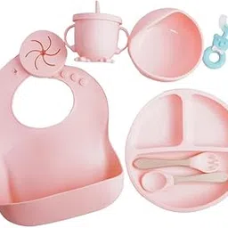 Nautilus 9-Piece Silicone Baby Feeding Set,Essential Items for Mealtime,Innovative Suction Bowl,Plate,Cup with Straw&snackLid,Bib,Fork,Spoon and U-Shape Toothbrush for Babies.(Blush Pink)-image-12
