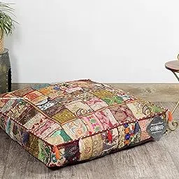 Cotton Khambadiya Pouf Floor Pillow Dogbed Patbed Floor Seating Square Shibori Dyed Floor Cushion 35 x 35 Inch (Without Insert, Brown)-picture-15