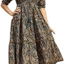 Women's Paisley Print Midi Dress, Elbow Length Sleeves, Empire Waist, Brown and Blue-picture-46