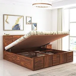 Ganpati Arts Solid Sheesham Wood Scott King Size Bed with Hydraulic Storage Wooden Double Bed Palang for Bedroom - Natural Finish 1 Year Warranty image 1