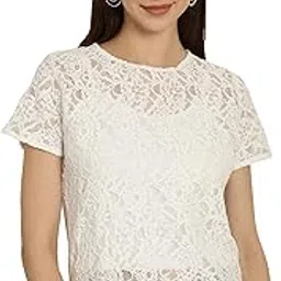 dressitude Women's Self Design Round Neck Short Sleeve Lace Top (Color: White)-picture-16