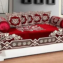 Fresh From Loom Velvet Floral 500 TC Diwan Set Red - 1 Single Bedsheet with 2 Bolster Covers and 5 Cushion Covers (8pc Set)-picture-11