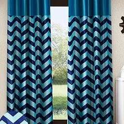 Home Sizzler 2 Pieces Solid Patch Zigzag Print Eyelet Polyester Window Curtain - 5 Feet, Aqua-picture-26