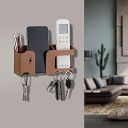 Wall Mobile Holder | Multi-Purpose Mobile Stand for Wall | Remote Holder & Mobile Charging Stand, Wall Phone Holder for Charging | Kitchen Organizer Rack Wall Mounted | Useful Gadget (White) (Brown) image 1