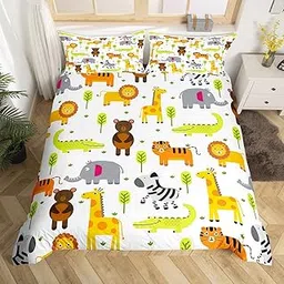 Zoo Animal Toddler Bedding Set Safari Nursery Decor Duvet Cover King, Cartoon Animals Comforter Cover Woodland Animal Print Quilt Cover Kawaii Giraffe Elephant Lion Bed Set 3 Pieces, Zipper-picture-13