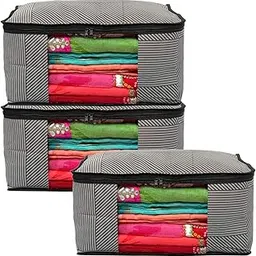 Kuber Industries Non-Woven Geometric Print Saree Covers With Zip|Wardrobe Organizer For Clothes|Transparent Window Keep 8 To 10 Saree|Suitable For Lehenga, Suit, Dress|Pack Of 3 (Black & Grey)-picture-33