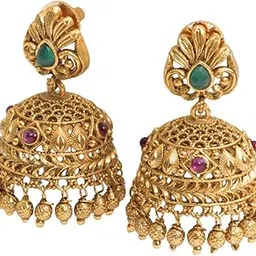south temple jewellery Traditional Gold Plated Jhumka Earrings for Women, Ethnic Stone Studded Jhumki, Green and Maroon Combination, Lightweight Alloy Earrings for Wedding, Party, Festival-picture-11
