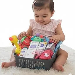 Kids New Born Baby Shower Gift Set & Hamper For Girls (18 Pcs) | 2 Set Of Clothes,1 Himalaya powder, 1 Himalaya Oil, 1 Himalaya Soap, 1 pair of Socks, 1 Baby Cap, 1 Bib, 1 Pacifier, 1 Nail clipper, 2 Rattle, 2 handkerchief , 1 Feeding Bottle, 1 Wipes , 2 Rubberband,1 Teether, 1 Mittens, 1 Grey Basket-image-7