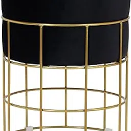 PSYGN | Round Pouf Stool | Puffy for Home | Stool for Living Room | Black and Gold Metal Poufed Stool |-image-44
