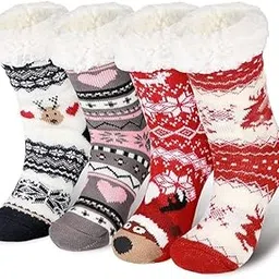 the dds store Any 2 Pair DESIGN Womens Winter Non-Skid Sherpa Fleece-lined Cozy Fuzzy Thermal Slipper Socks Winter fluffy Snowflake Fleece white soft fur Lining Knit Thick thermal Warm Christmas Slipper Socks-picture-47