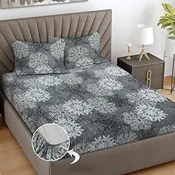 FABINALIV Grey Floral 300 TC Woollen King Size Fitted Double Bedsheet with 2 Pillow Covers (FLWEBS-1064-Grey)-picture-14