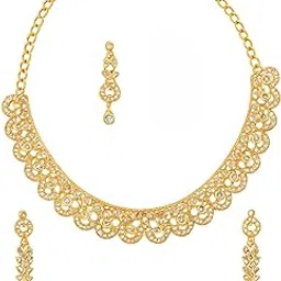 Gold Plated American Diamond Imitation Necklace Set with Earrings & Maang Tikka-picture-33