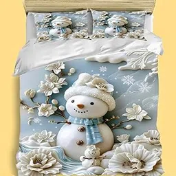 3D Snowman Winter Bedding Set with Floral Design, Decorative White Blue Duvet Cover, 2 Pillow Cases, Christmas Holiday Theme-image-19