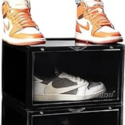 SNEAKARE Plastic Shoe Storage Organizer, Set Of 2 Heavy-Duty Sneaker Box, Stackable Storage Box With Magnetic Closure, Easy, Black-picture-11
